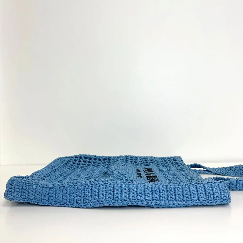 PRADA Blue Yarn Raffia Effect Crochet Logo Embroidered Tote Bag Black Shoulder